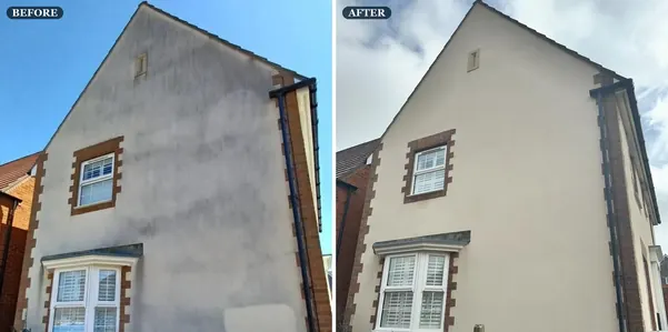 Rendered gable wall before and after render cleaning