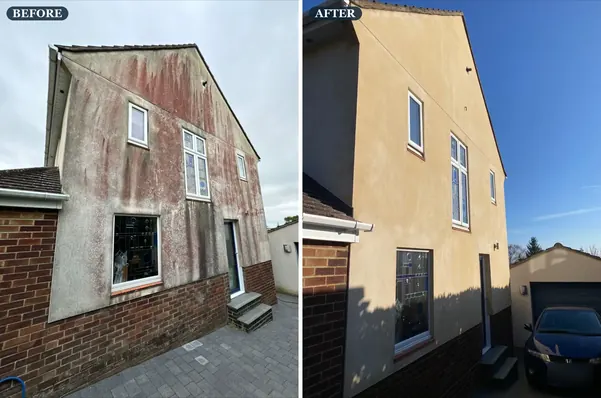 Heavily stained render on a gable wall before and after cleaning