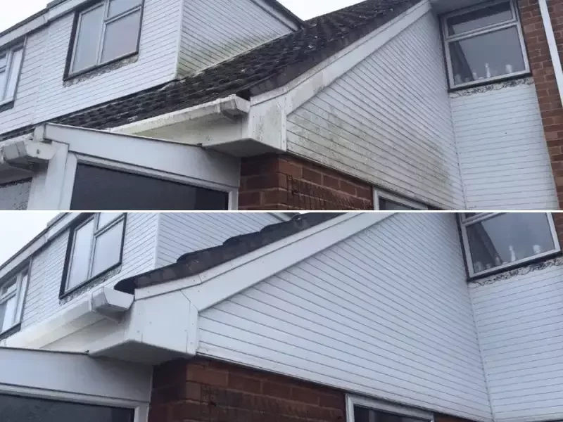 Before and after fascia cleaning by Neptune, the best fascia cleaning company in Southampton, restoring cladding from green-stained to spotless white