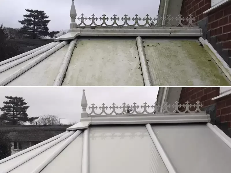 Before and after transformation by Neptune’s conservatory roof cleaners, removing heavy dirt and algae to restore a bright white finish.