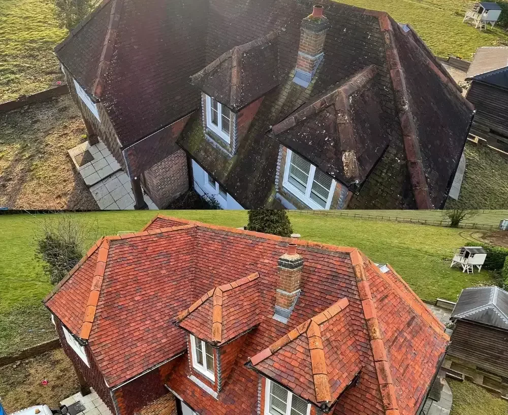 Before and after roof transformation by Neptune Window Cleaning, expert domestic roof cleaners in Southampton, revealing vibrant red tiles beneath heavy moss and grime.