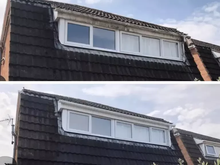 Before and after fascia and gutter restoration by Neptune, trusted gutter cleaner in Southampton, showing removal of grime and weather staining from upper windows.