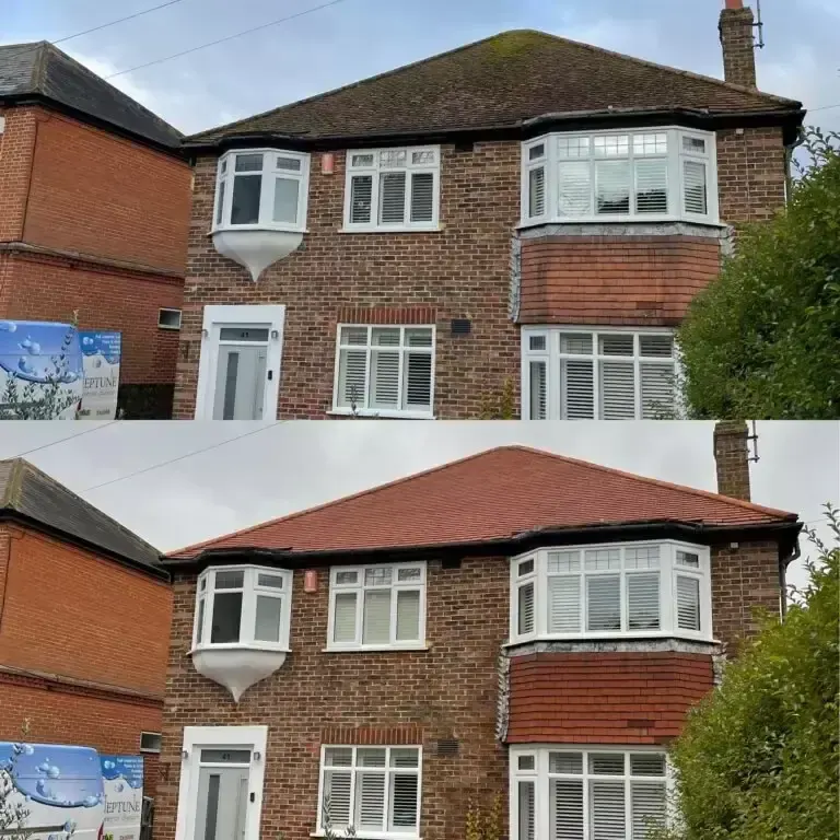 Before and after results from Neptune, trusted local exterior cleaners in Southampton, showing full roof and frontage clean on a residential property.