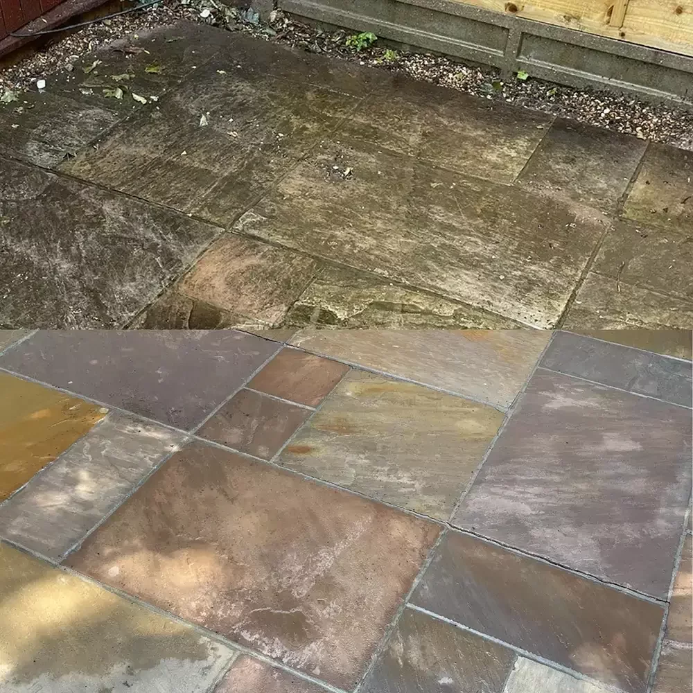 Before and after patio cleaning in Southampton by Neptune, restoring natural stone slabs from dark staining to a clean, vibrant finish.