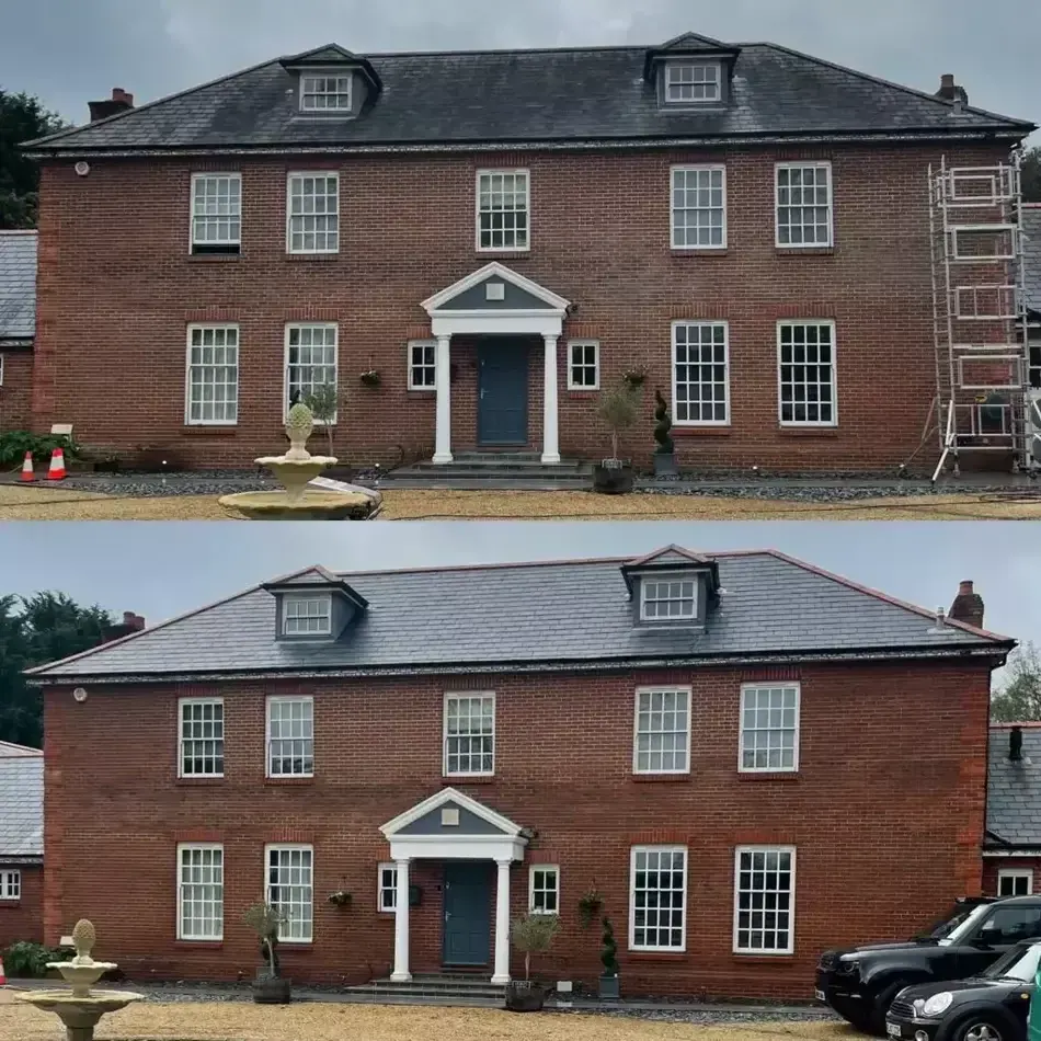 Before and after results from Neptune’s roof-cleaning business, showcasing a full slate roof restoration on a large residential property.