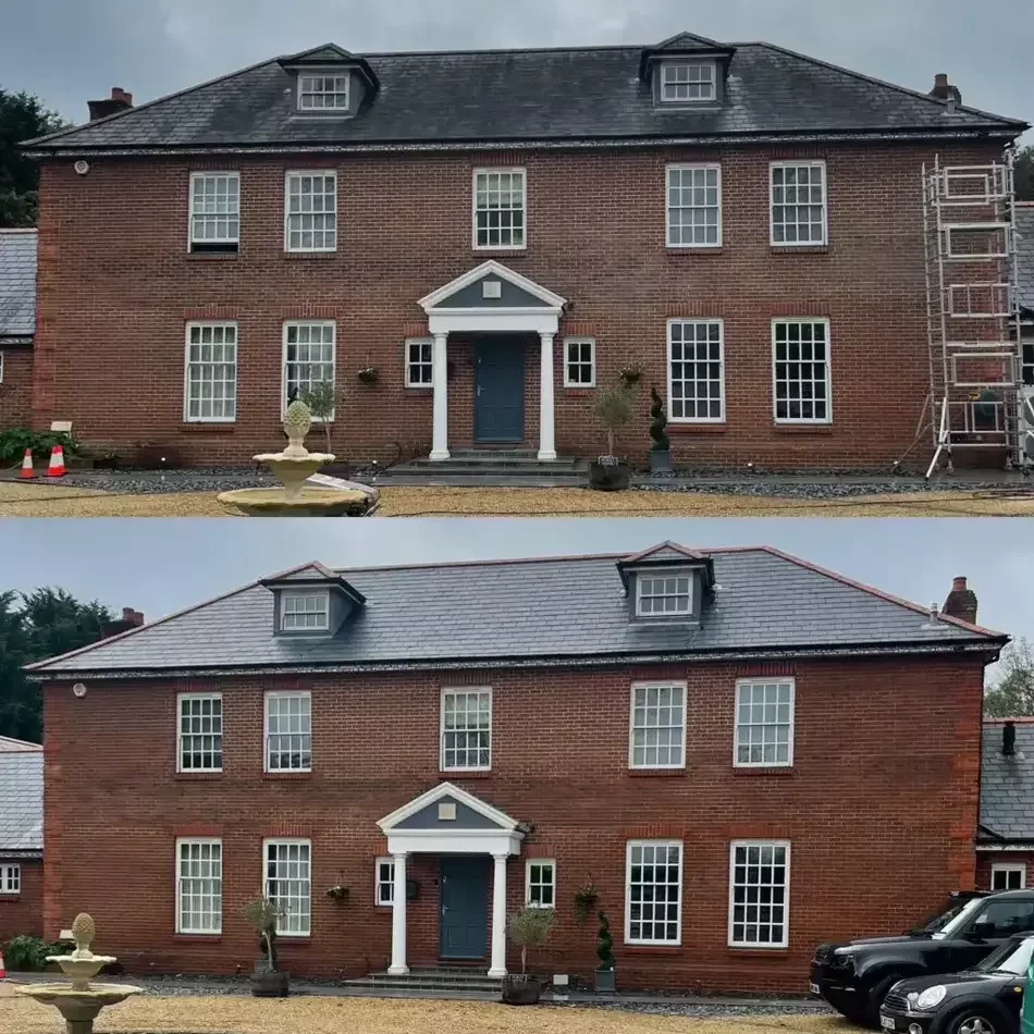 Before and after results from Neptune’s roof-cleaning business, showcasing a full slate roof restoration on a large residential property.