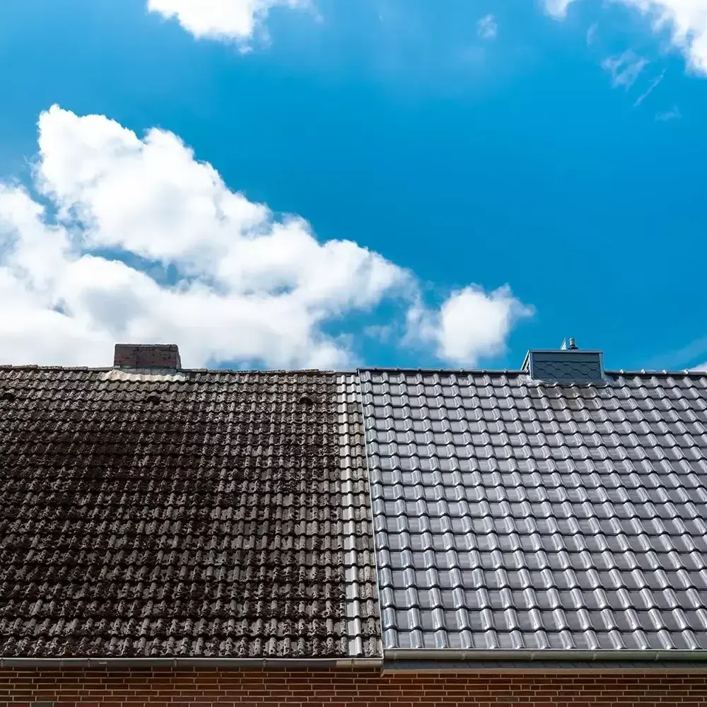 Before and after results of roof cleaning in Southampton, showing heavy moss removal and restored tiles cleaned by Neptune Window Cleaning.