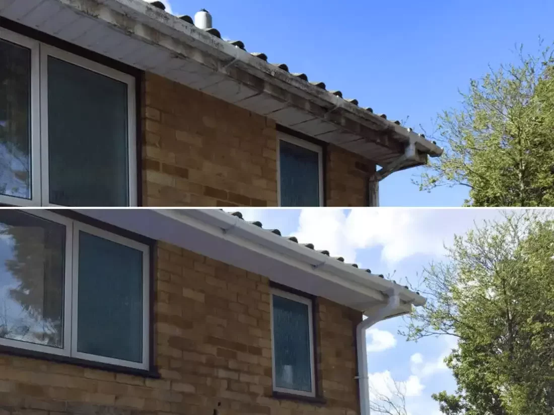 Before and after fascia and soffit transformation by Neptune, providing expert roof gutter cleaning in Southampton to remove staining and restore a bright finish.