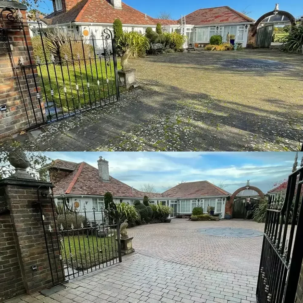 Before and after driveway transformation by Neptune, a leading Southampton exterior cleaning company, restoring block paving from stained to spotless condition.