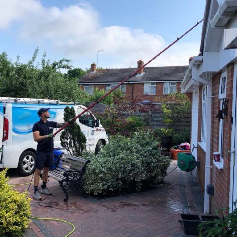 A Neptune Window Cleaning technician using a water-fed pole to clean upper windows at a residential property, with a branded van parked nearby, demonstrating professional domestic window cleaning services.